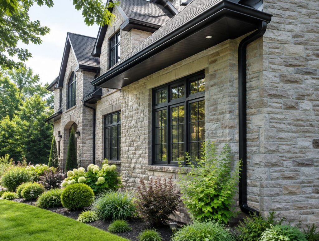 New black seamless eavestrough on a luxury stone home