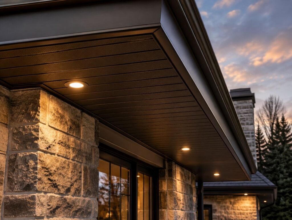 Bronze aluminum soffit and fascia on a luxury stone home
