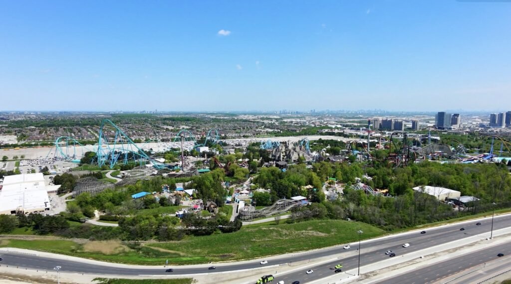 Aerial view of Canada’s Wonderland in Vaughan, where Spiros Aluminum & Roofing re-roofed several buildings
