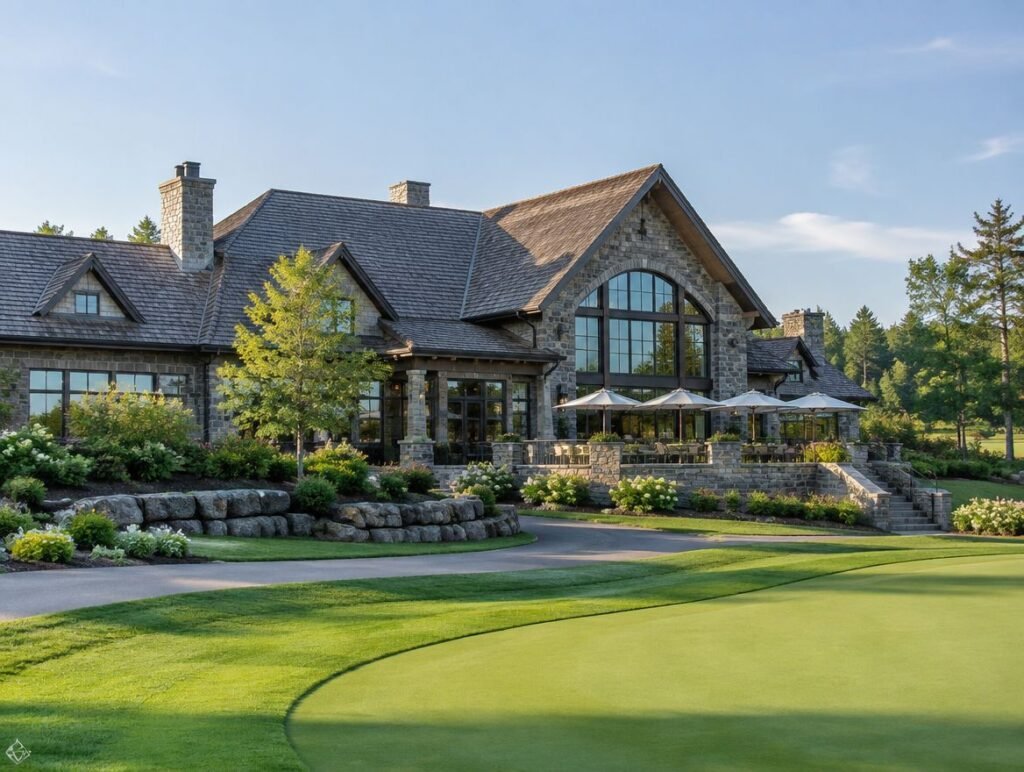 Clubhouse with a natural cedar shake roof in Ontario