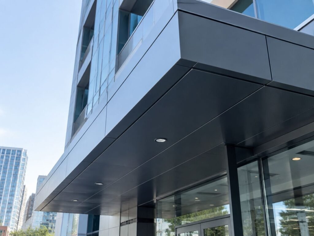 Aluminum soffit and fascia on a commercial office building