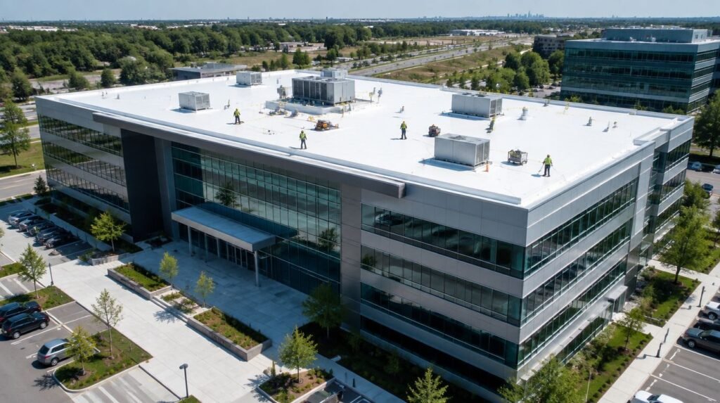Aerial view of a commercial office plaza flat roof in Vaughan