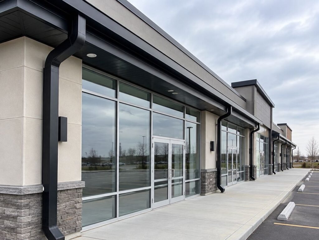 Commercial eavestrough and downspouts on a retail plaza