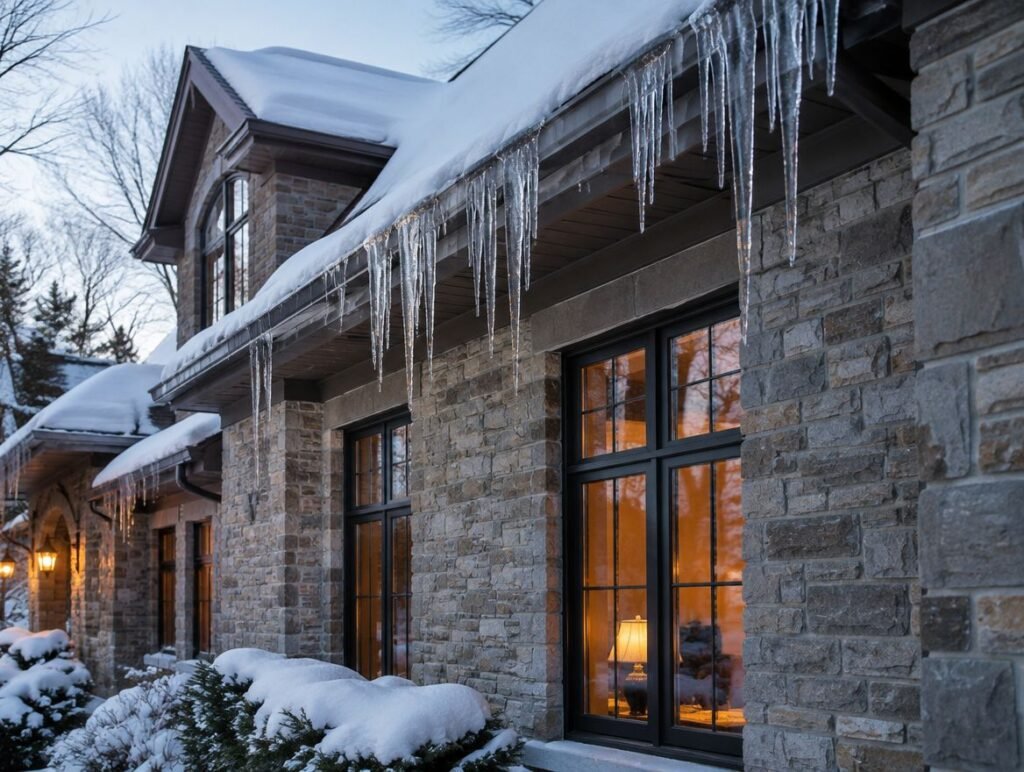Snow and ice along the eaves of a luxury home in winter