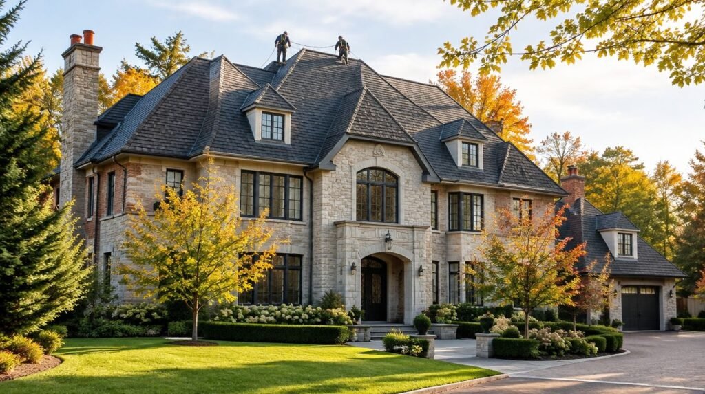 Roofers finishing a new charcoal shingle roof on a luxury estate home in Toronto