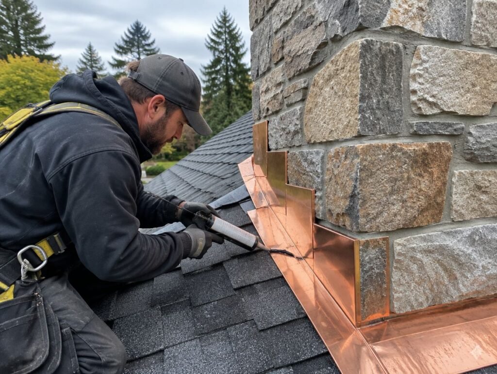 Roofer resealing copper step flashing at a stone chimney