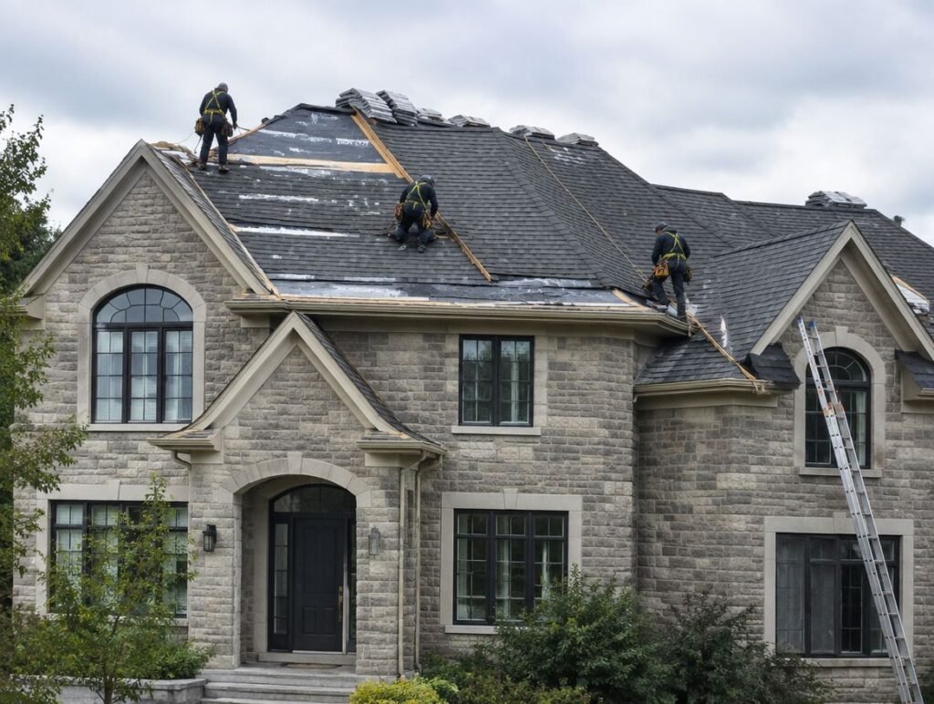 Roof replacement in progress on a luxury stone home in Kleinburg