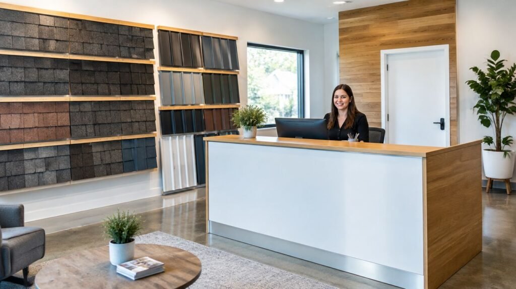 Roofing company office reception with material samples