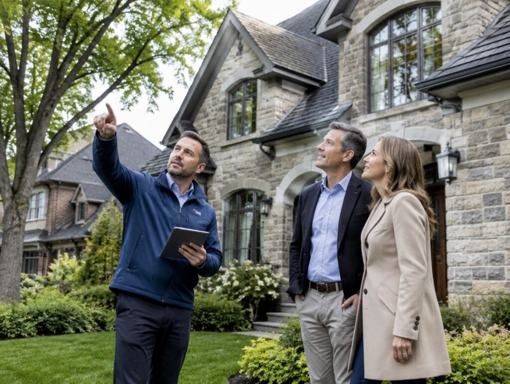 Roofing estimator walking homeowners through their roof
