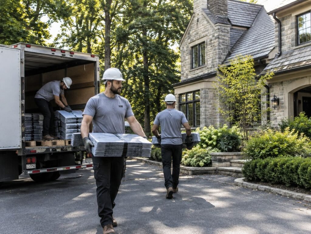 Roofing crew carrying shingles to a luxury Toronto home