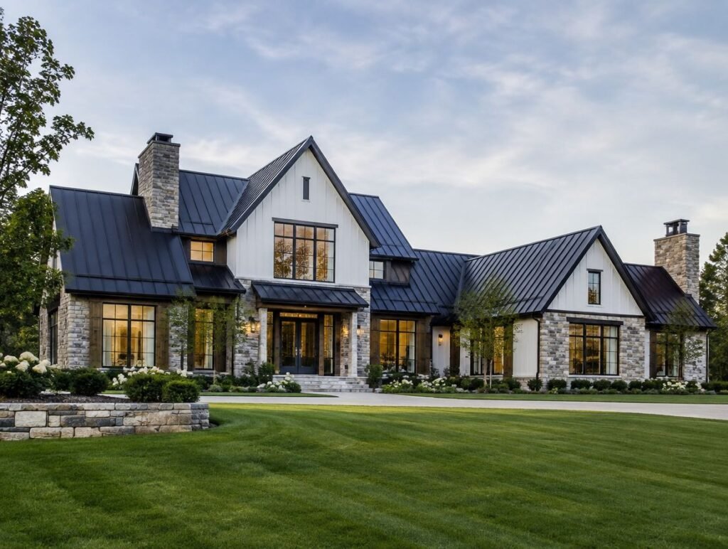 Black standing seam metal roof on a luxury modern farmhouse