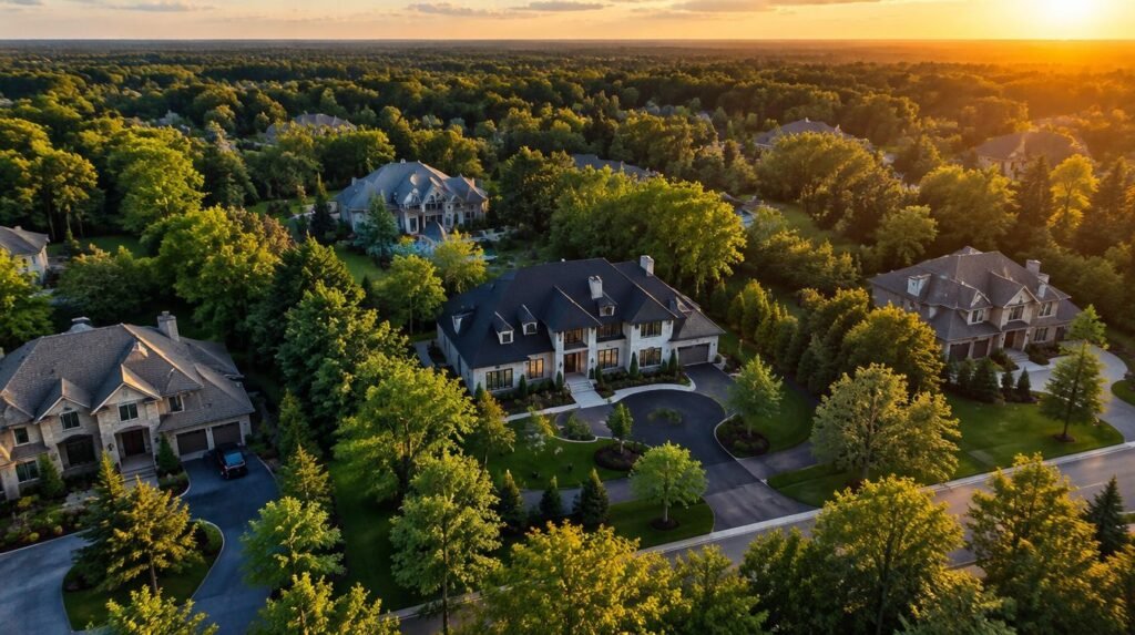 Aerial view of a luxury Toronto neighbourhood with a newly roofed estate