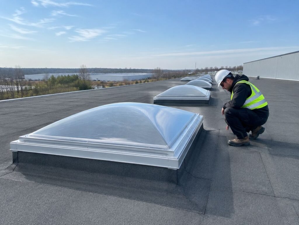 Commercial skylights on a warehouse flat roof